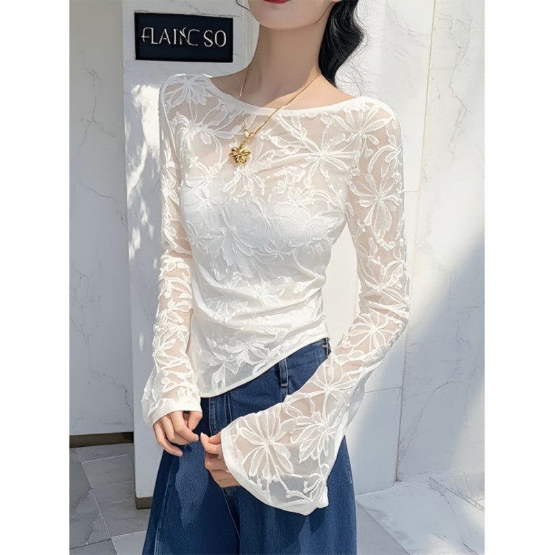 2026 Bamboo Leaf Jacquard ไม่สม่ําเสมอแขนยาว Bottoming เสื้อ Top 2025 Sun Slim-Fit สั้นเสื้อผู้หญิงเ