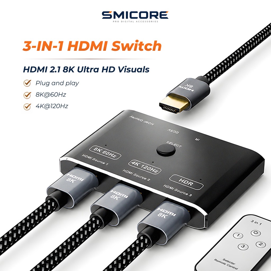 HDMI Switcher 3 In 1 Out 8K60Hz 4K120Hz HDMI 2.1 Remote Control สำหรับ PS5 Xbox TV Monitor