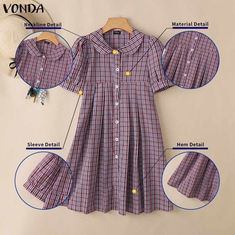 VONDA ผู้หญิง Girly สไตล์วิทยาลัยหวานลายสก๊อตสี Peter Pan Collar พัฟแขนสั้นปุ่มจีบเอวสูงหลวมชุดทอเส้น — صورة 7
