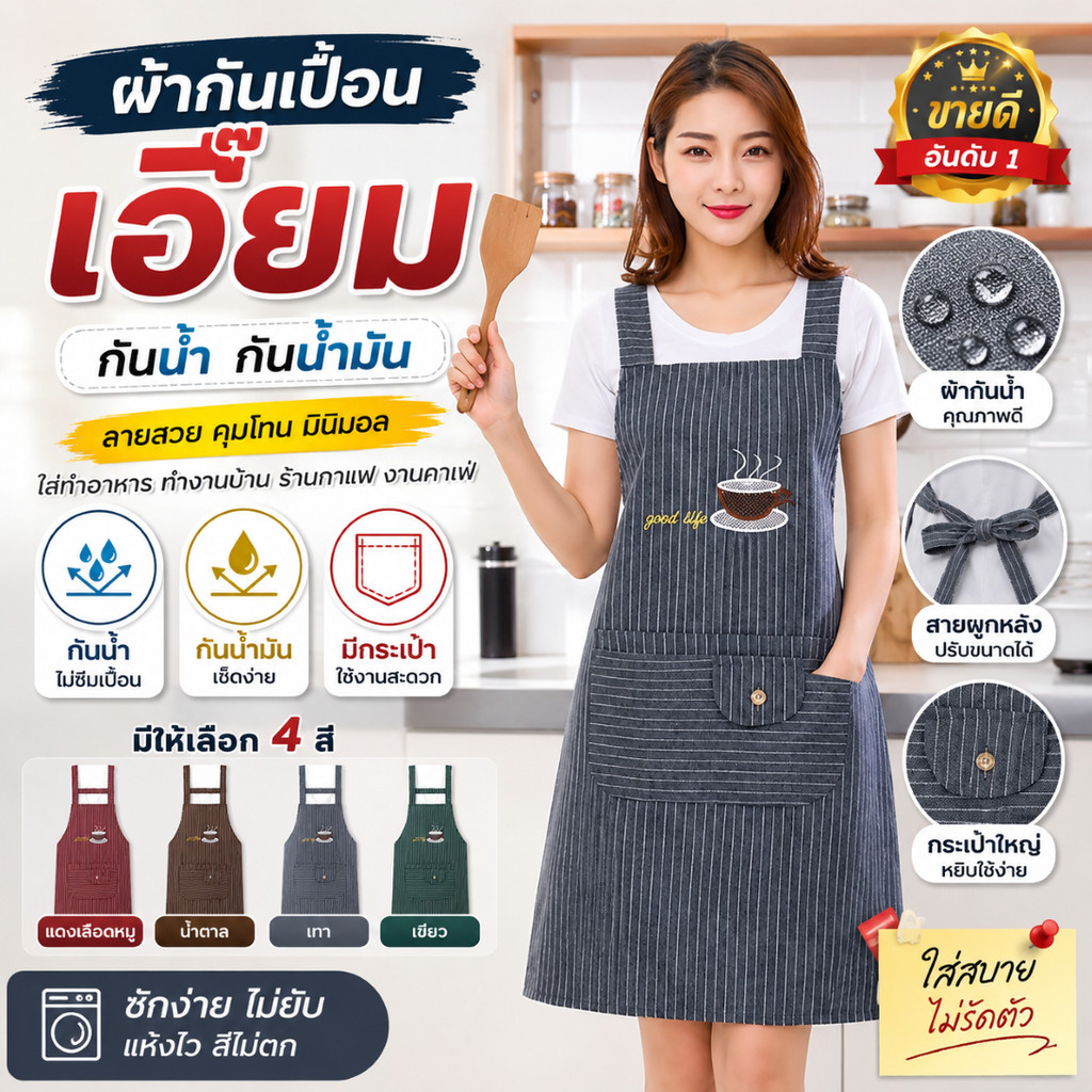 ผ้ากันเปื้อน ลายกาแฟ เอี๊ยม ผ้าฝ้าย ผ้าลินิน ใช้แทนเครื่องแบบยูนิฟอร์ม ใส่สบาย เหมาะกับใช้ในร้านคาเฟ่ ร้านเครื่องดื่ม
