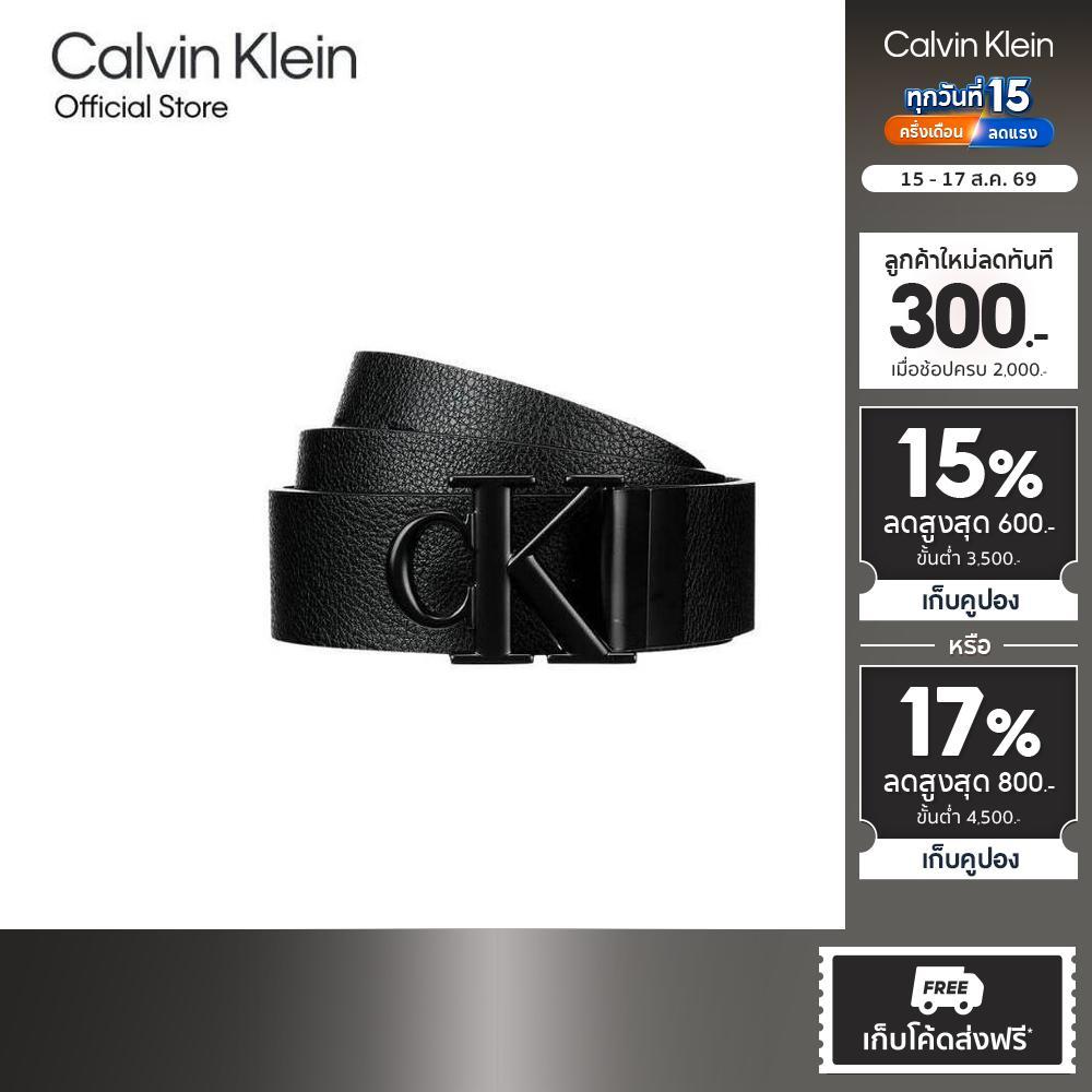 CALVIN KLEIN เข็มขัดผู้ชายใส่ได้สองด้าน Reversible Monogram Buckle Belt รุ่น 4D7017G D1M-สีดำ