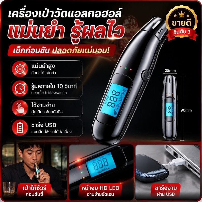COD เครื่องวัดแอลกอฮอล์แบบเป่าลม ดิจิตอล พกพา ชาร์จ USB หน้าจอ LCD อ่านง่าย เซ็นเซอร์ไว ไฟเตือน 3 สี ใช้งานสะดวก