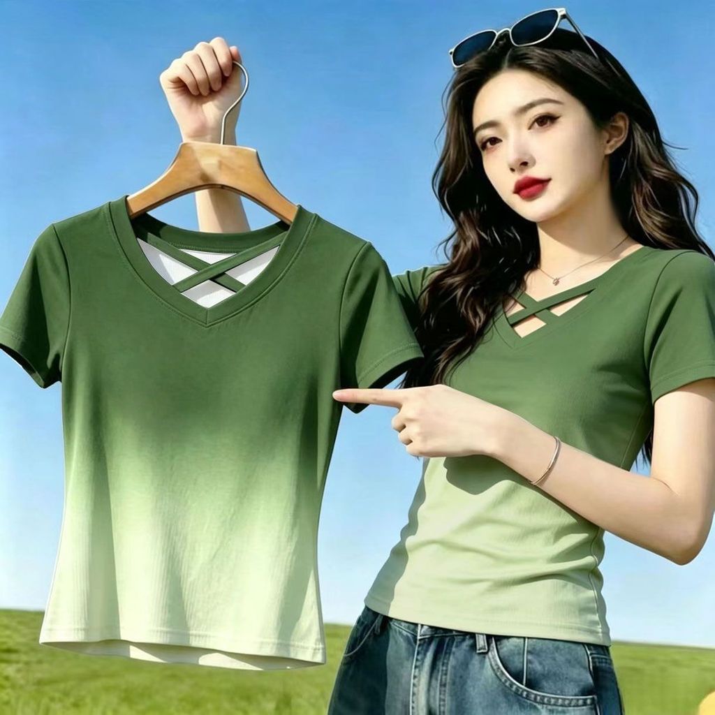 ฤดูร้อนGradientสีผ้าไหมน้ําแข็งเกลียวVคอเสื้อยืดแขนสั้นสไตล์ใหม่Simple All-Matchเสื้อแขนสั้นผู้หญิง