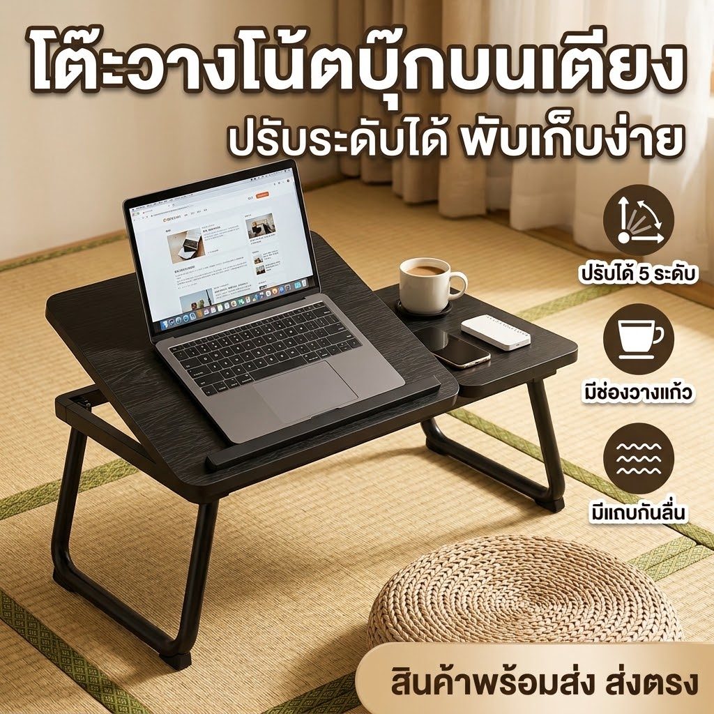 โต๊ะวางโน๊ตบุ๊คบนเตียง โต๊ะทำงานพับได้ ปรับระดับได้ 5 ระดับ มีที่วางแก้ว ที่กั้นกันลื่น โต๊ะเขียนหนังสือ พกพาสะดวก