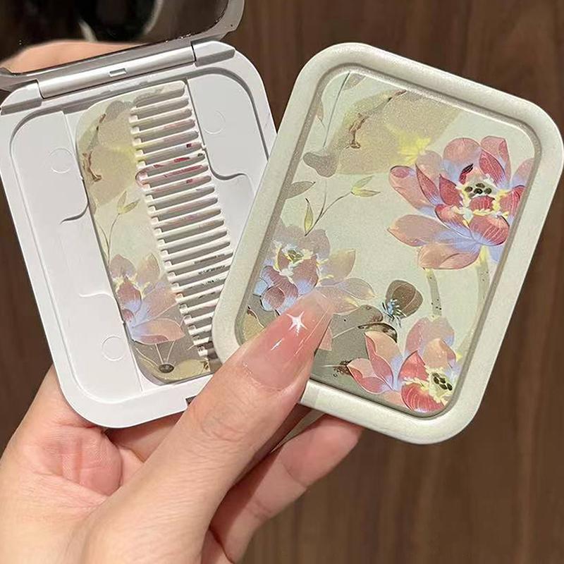Lotus Flip-Top กระจกแต่งหน้าพับแบบพกพา Poet กระจกสี่เหลี่ยมผืนผ้ากระจกเครื่องสําอางพร้อมหวีสําหรับผู