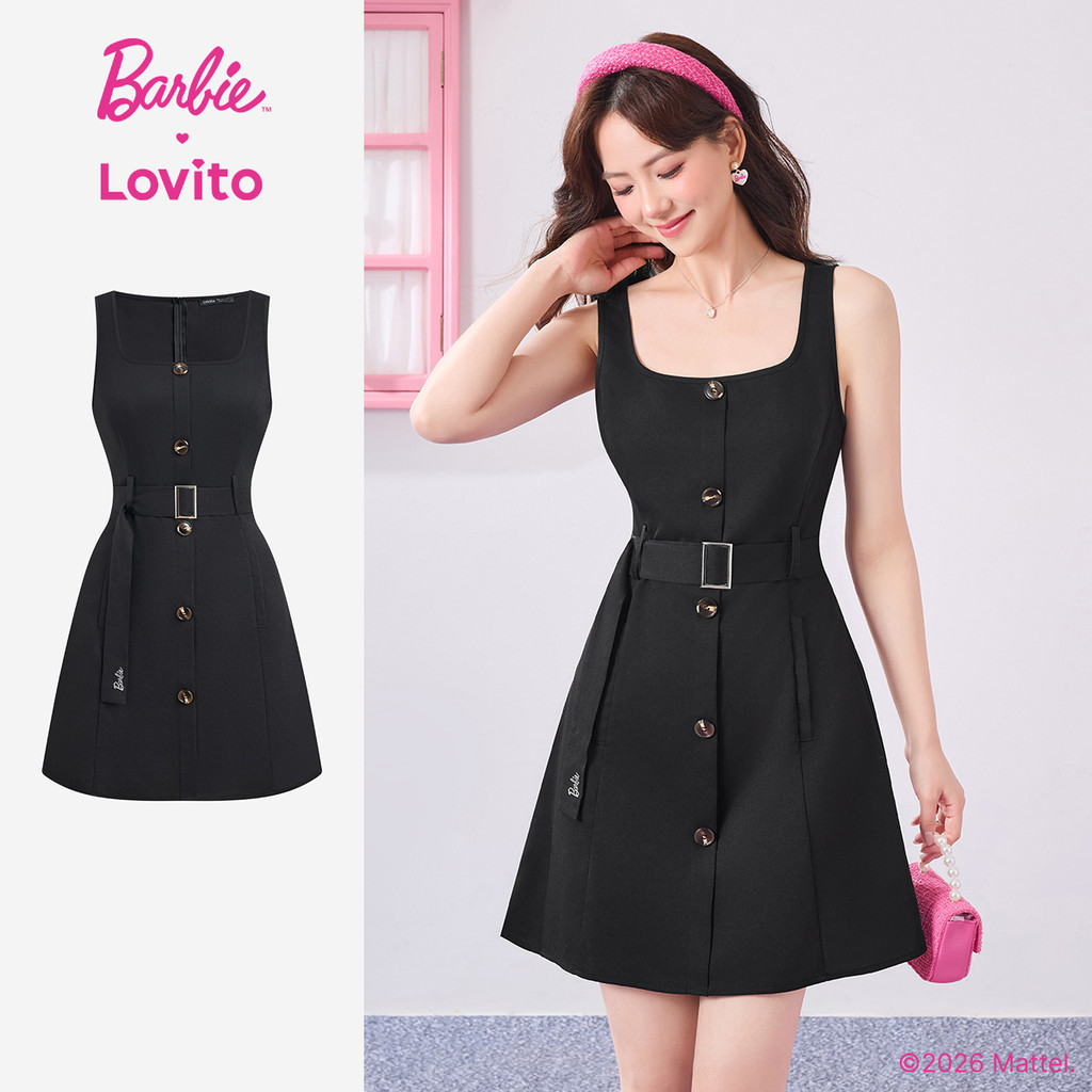 Barbie™ X Lovito แคชชวล แพทเทิร์นชุดเดรสลําลองสีดําแบบมีเข็มขัดติดกระดุมสําหรับฤดูใบไม้ผลิ/ฤดูร้อนสําหรับผู้หญิง เกาหลี อินเทรนด์ DRBL3PAD040