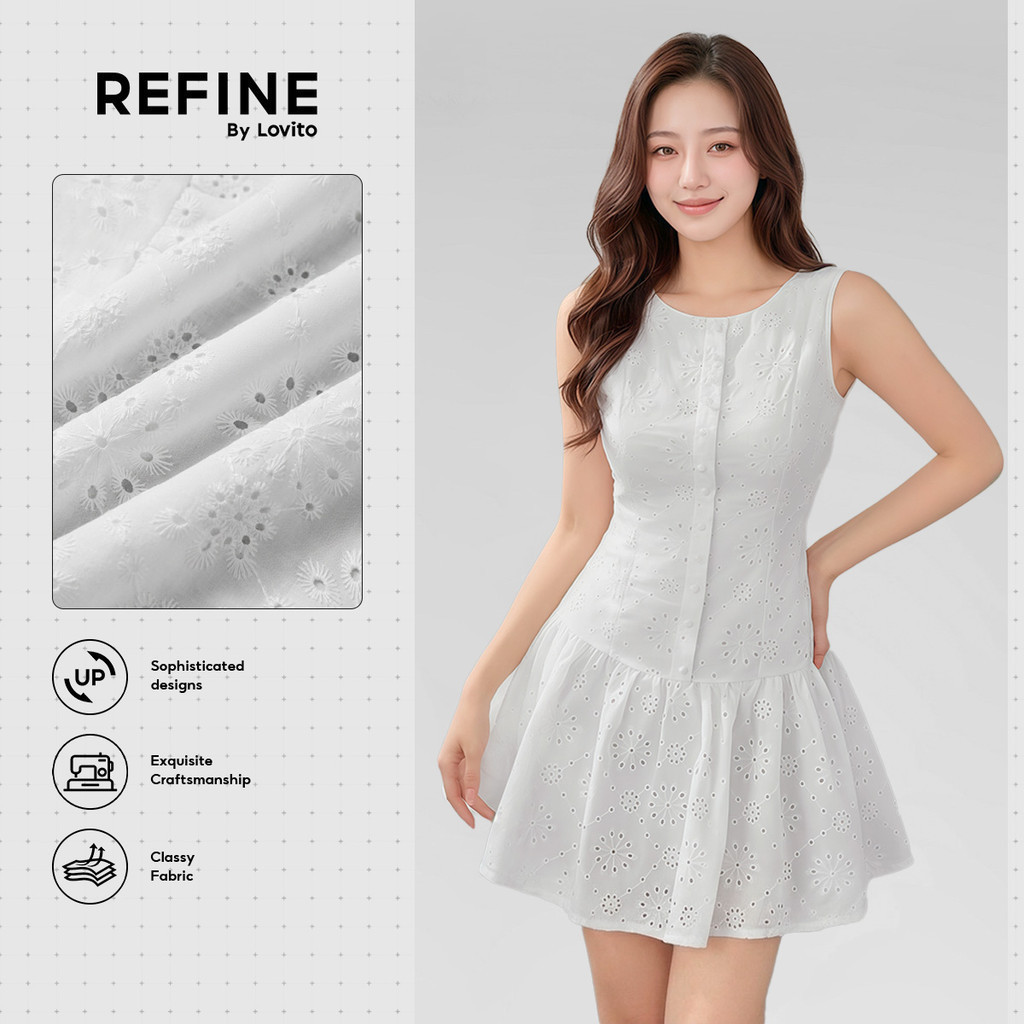 (Refine by Lovito) เดรสผ้าฝ้ายปักลายเรียบสําหรับผู้หญิง ใส่สบาย LR2ED078
