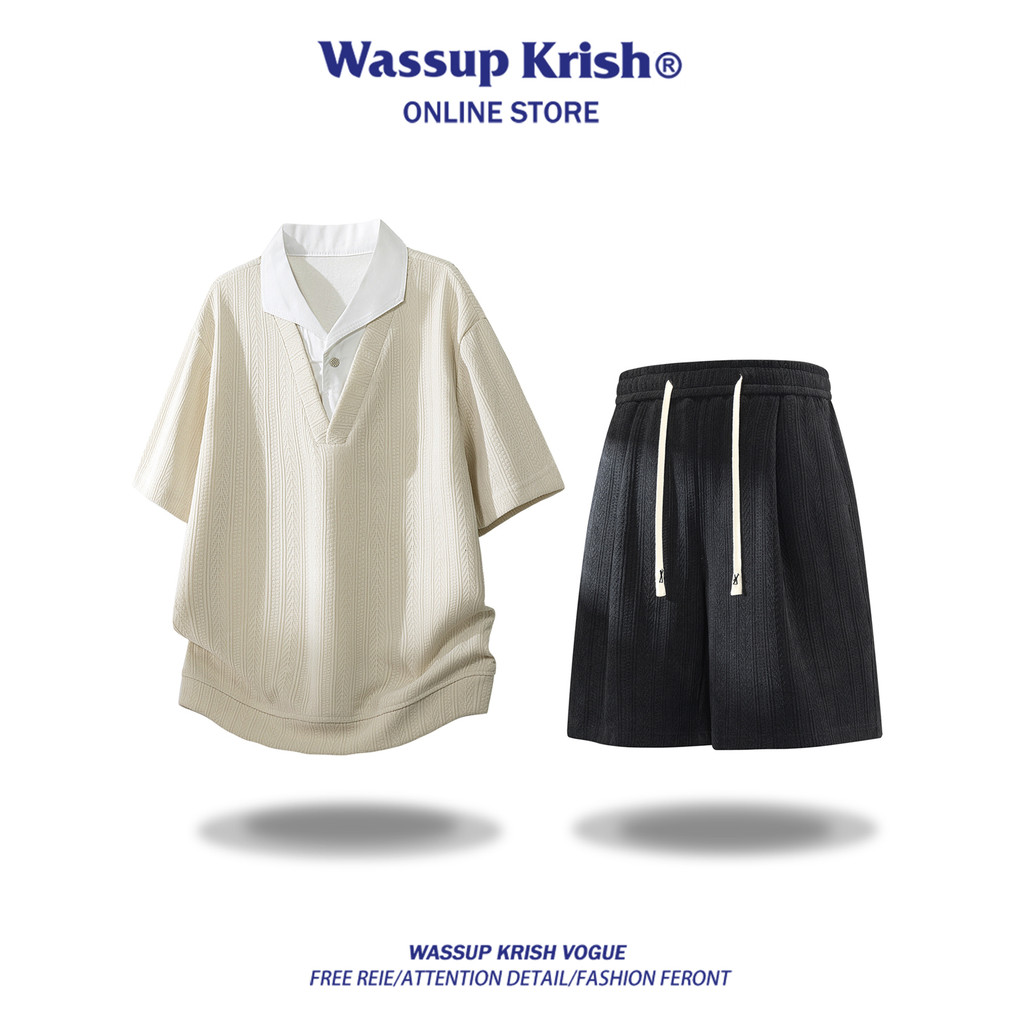 WASSUP KRISH Old Money สไตล์ชุดลําลองผู้ชายฤดูร้อนปลอมสองชิ้นเสื้อโปโลแขนสั้นกางเกงขาสั้นชุดเดียว