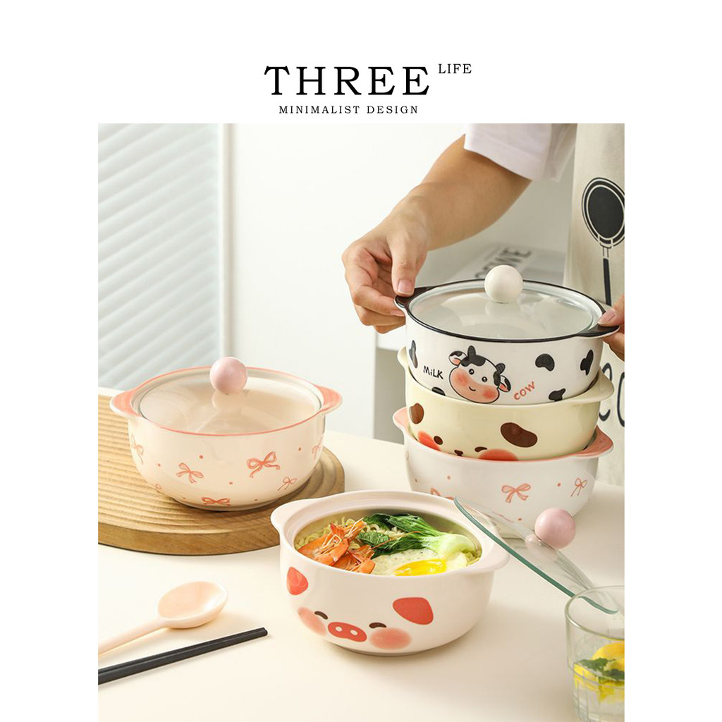 Tlife · Qiao · ชามบะหมี่กึ่งสําเร็จรูปการ์ตูนเซรามิคชามบะหมี่กึ่งสําเร็จรูปพร้อมฝาปิดบนโต๊ะอาหารอุณห