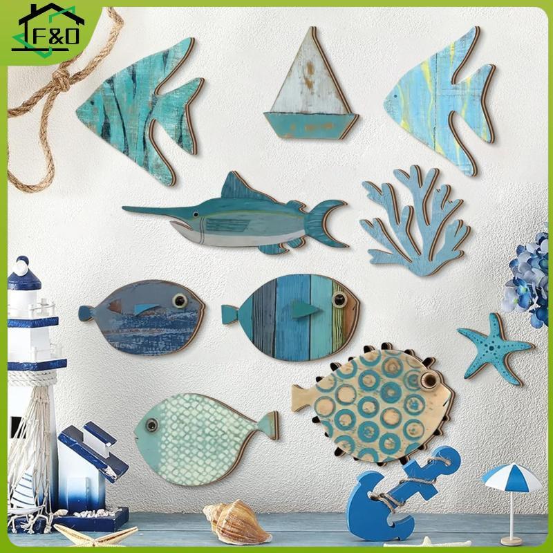 F&O 10 ชิ้น/เซ็ต Fish Wall Decor ไม้ปลาแขวน Beach Theme ห้องน้ํา Art Nautical Coastal Ocean ตกแต่งบ้