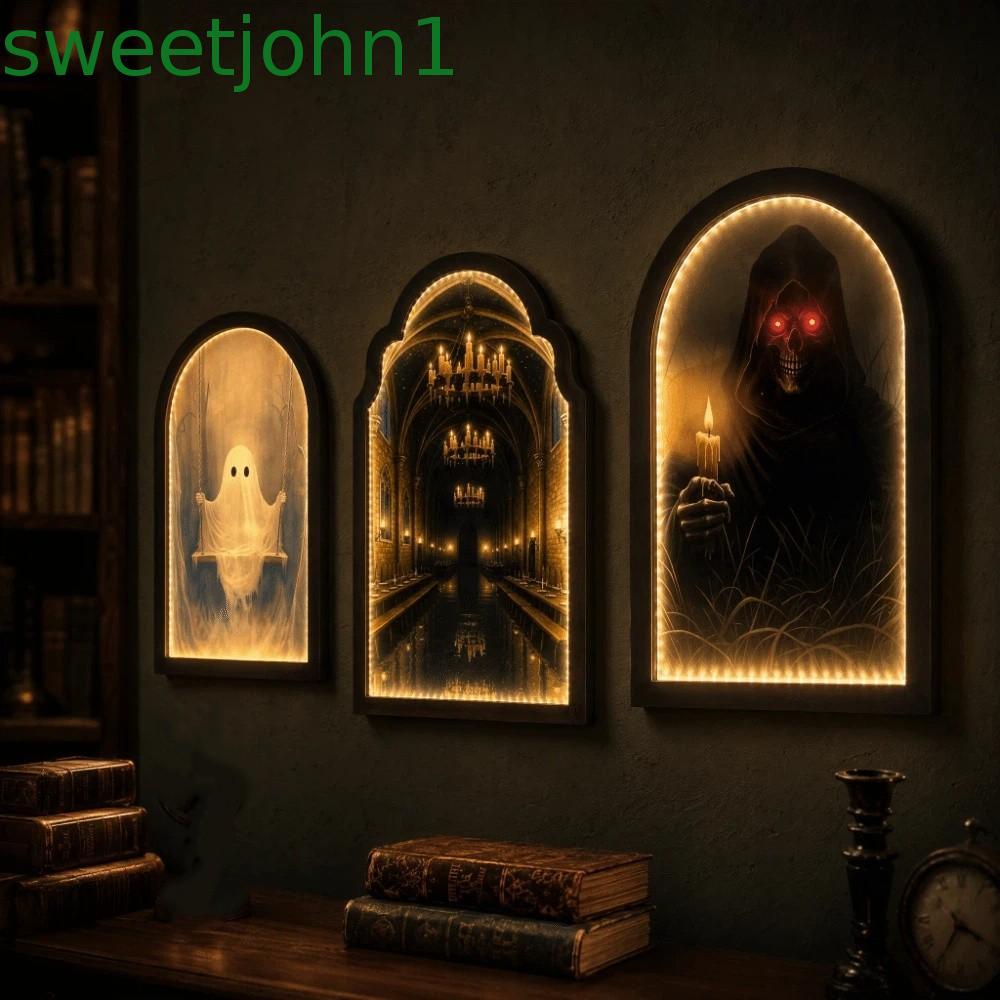 SWEETJOHN Light Up Ghost Mirror, Illuminated LED เรืองแสงฮาโลวีน Ghost Mirror, Spooky Light Up Glowi