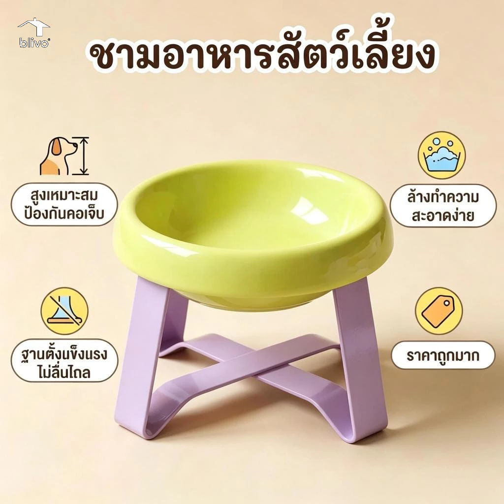 BLIVO ชามใส่อาหารสัตว์พร้อมขาตั้ง ช่วยป้องกันกระดูกสันหลัง ชามอาหารสัตว์ทรงสูง