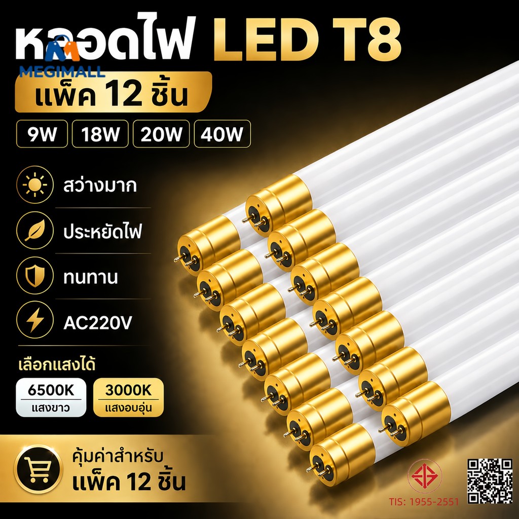 🔥แพ็ค 12 ชิ้น ยิ่งคุ้ม หลอดไฟLED T8 9W 18W 20W 40W แสงไฟสีขาว/แสงอบอุ่น AC220V สว่างมาก ประหยัดไฟ