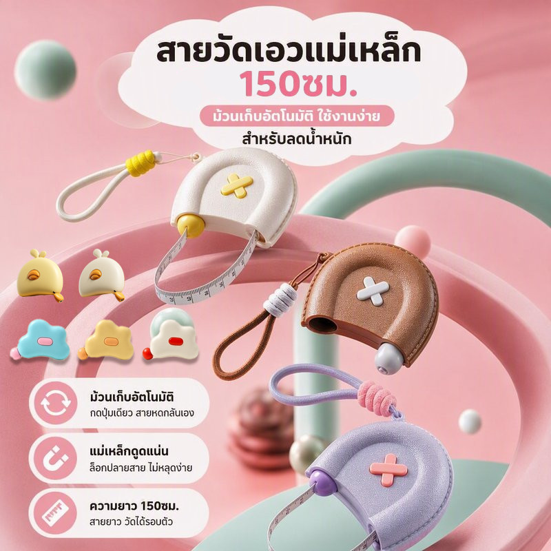 COD สายวัดเอวแม่เหล็ก 150cm สายวัดเอว วัดรอบตัว ใช้งานง่าย ม้วนเก็บได้ เมตรวัดสัดส่วน รูปเมฆ พกพา