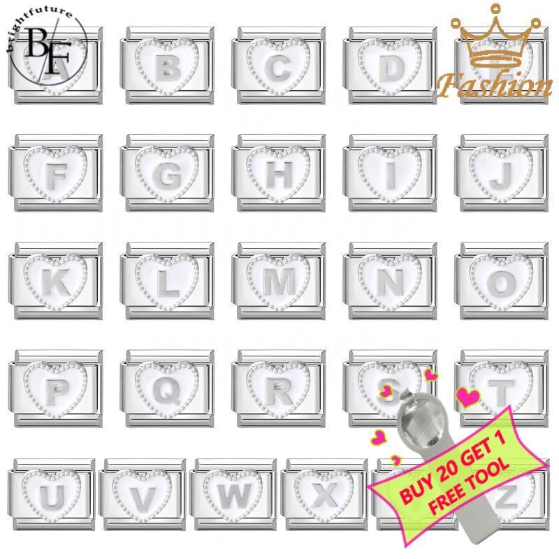 หัวใจสีขาว26ตัวอักษรอิตาลีสร้อยข้อมือเสน่ห์พอดี9มิลลิเมตรสร้อยข้อมือสแตนเลสเครื่องประดับทําอุปกรณ์ทําเองย้อนยุคบุคลิกภาพโมดูลสร้อยข้อ
