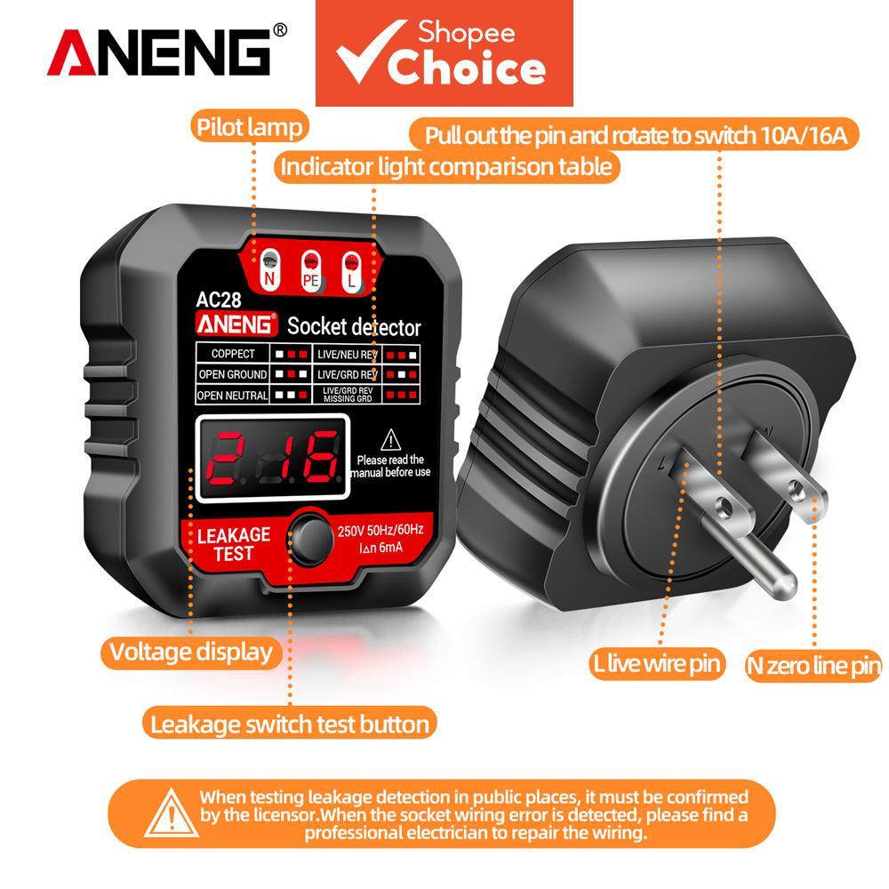 ANENG AC28 เครื่องทดสอบเต้ารับ US/EU ปลั๊ก 250V 6mA RCD ตรวจไฟฟ้ารั่ว พร้อมหน้าจอ LCD แสดงผลแรงดันไฟฟ้า ตรวจเช็คสด-นิวทรัล-กราวด์-ไฟรั่ว