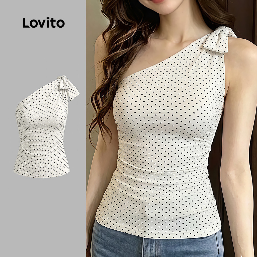 (New Arrival) Lovito เสื้อลําลองผู้หญิงสีขาว ผูกโบว์แบบไม่สมมาตรสําหรับฤดูใบไม้ผลิและฤดูร้อน TKK8P1D545
