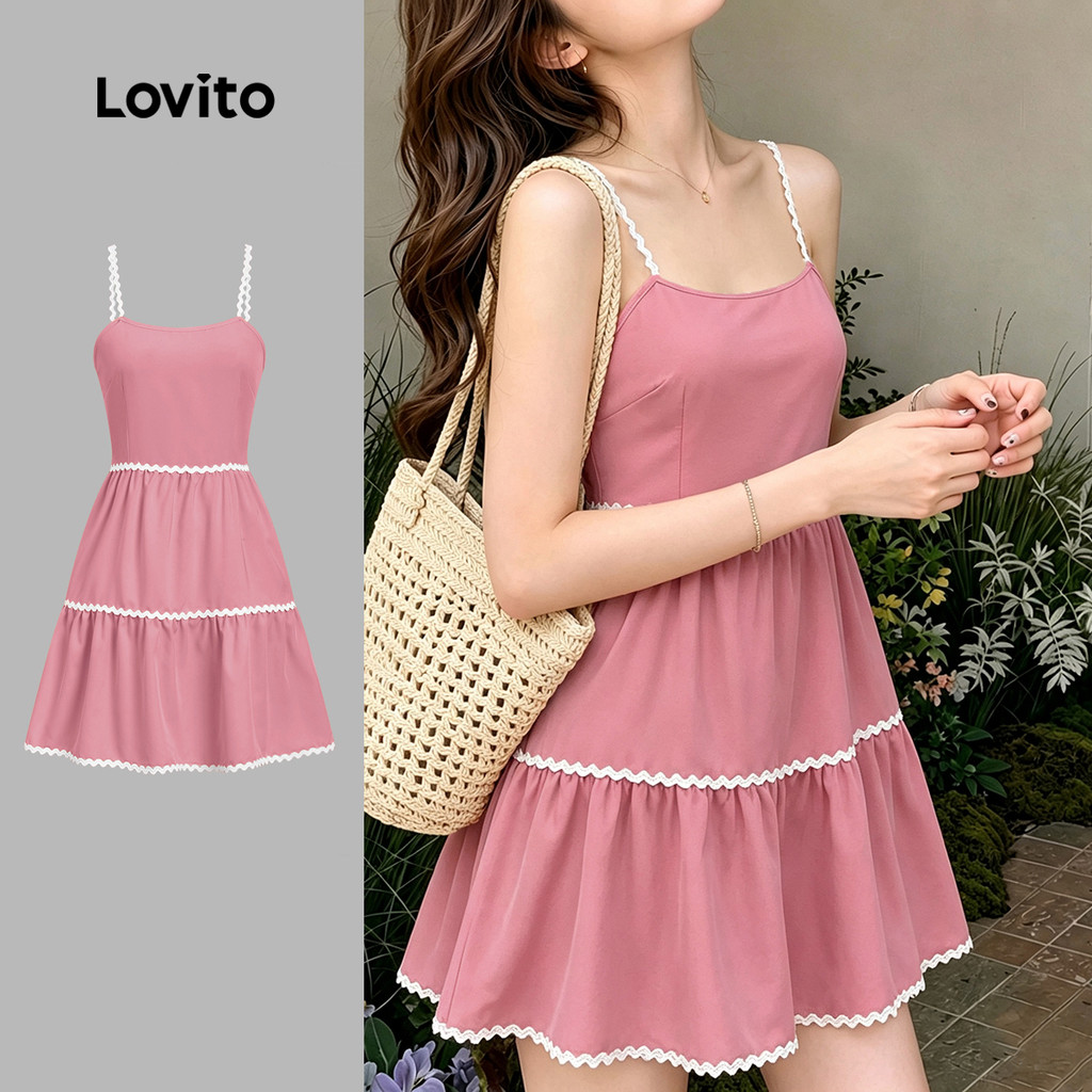 (New Arrival) Lovito เดรสสีเหลืองฤดูใบไม้ผลิ/ฤดูร้อนสําหรับผู้หญิง คอระบาย ชายระบาย สง่างาม L199ED63