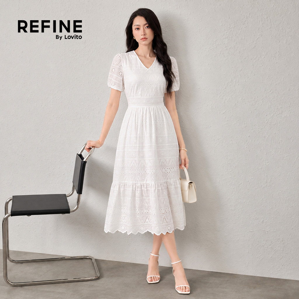 (Refine by Lovito) เดรสลำลองผ้าฝ้ายปักลายฉลุ เดรสสีขาวสำหรับผู้หญิง เหมาะสำหรับฤดูใบไม้ผลิ/ฤดูร้อน ทำงาน LR26ED067 — صورة 4