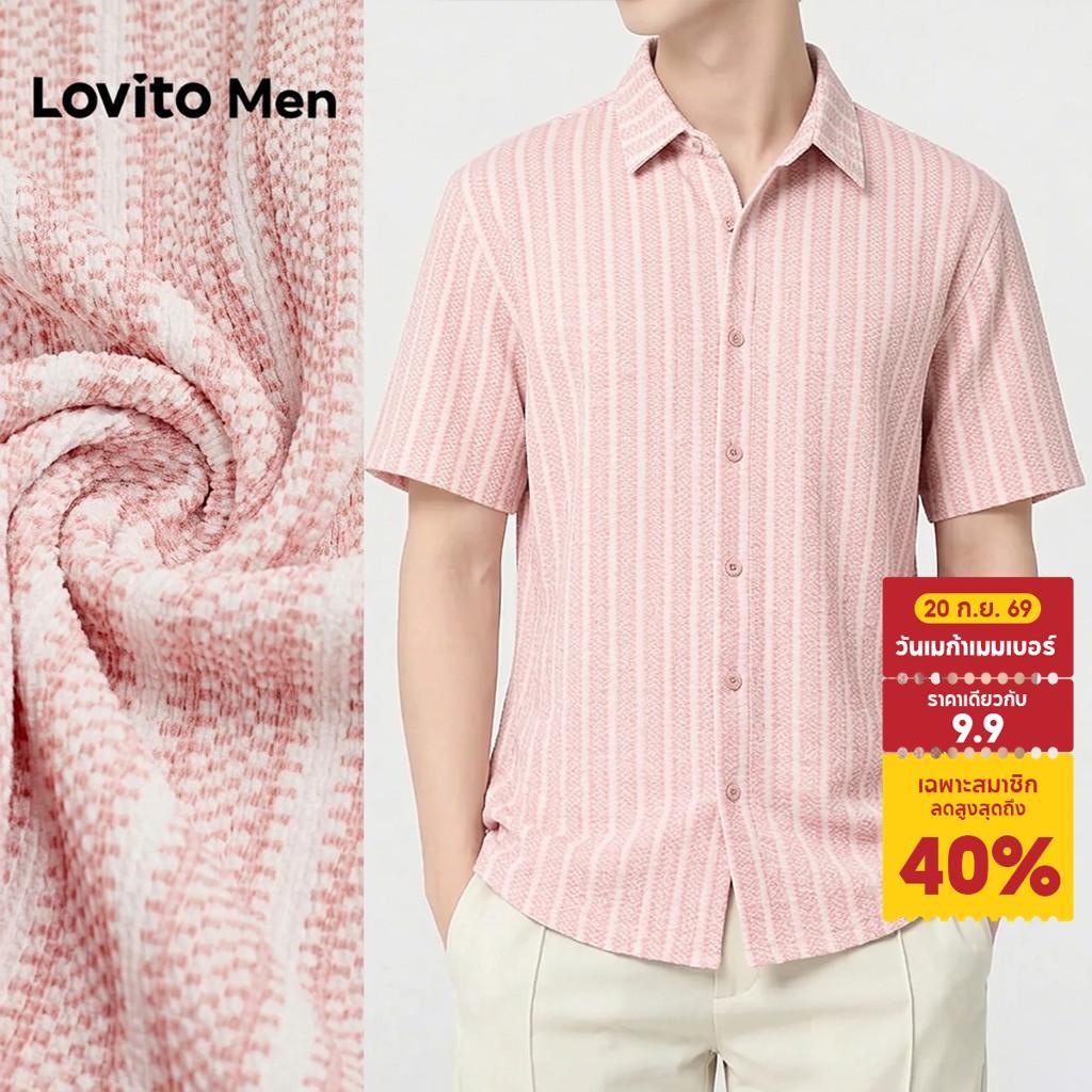 Lovito Men เสื้อเชิ้ตลําลองผู้ชาย สีชมพู สไตล์พลีเคตต์ สําหรับฤดูใบไม้ผลิ/ฤดูร้อน L193ED077