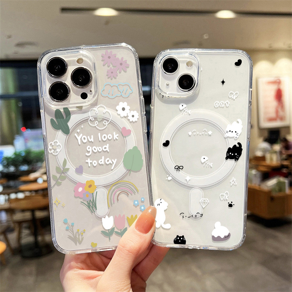 กล่องโทรศัพท์แม่เหล็ก For iPhone 13 12 11 14 15 16 Pro Max เคสใสกันกระแทกเคสโทรศัพท์แม่เหล็ก เคสแมวน่ารัก ดอกไม้ กรณี