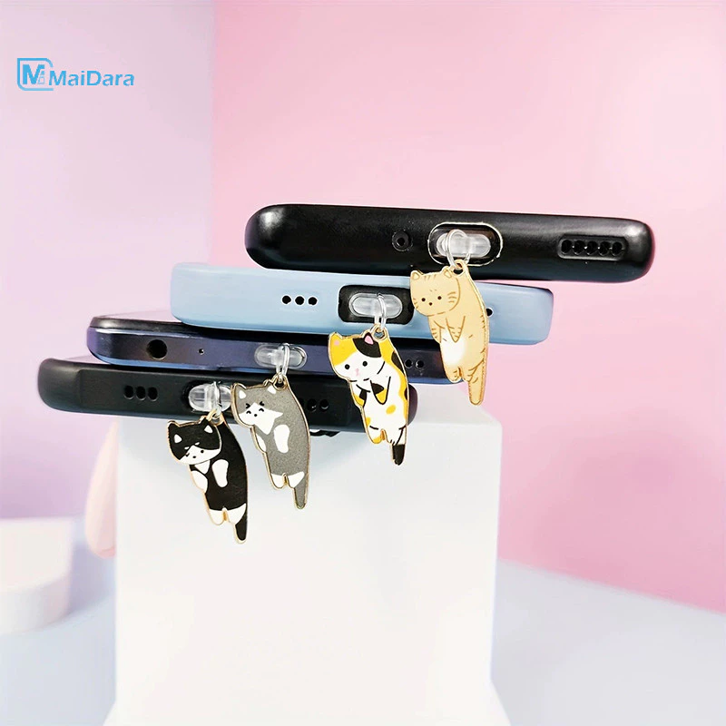 จี้ป้องกันฝุ่น ปลั๊กกันฝุ่นโทรศัพท์ โลหะผสม Rhinestone น่ารัก จี้โทรศัพท์รูปแมว ช่องเสียบหูฟัง ช่องเสียบชาร์จ
