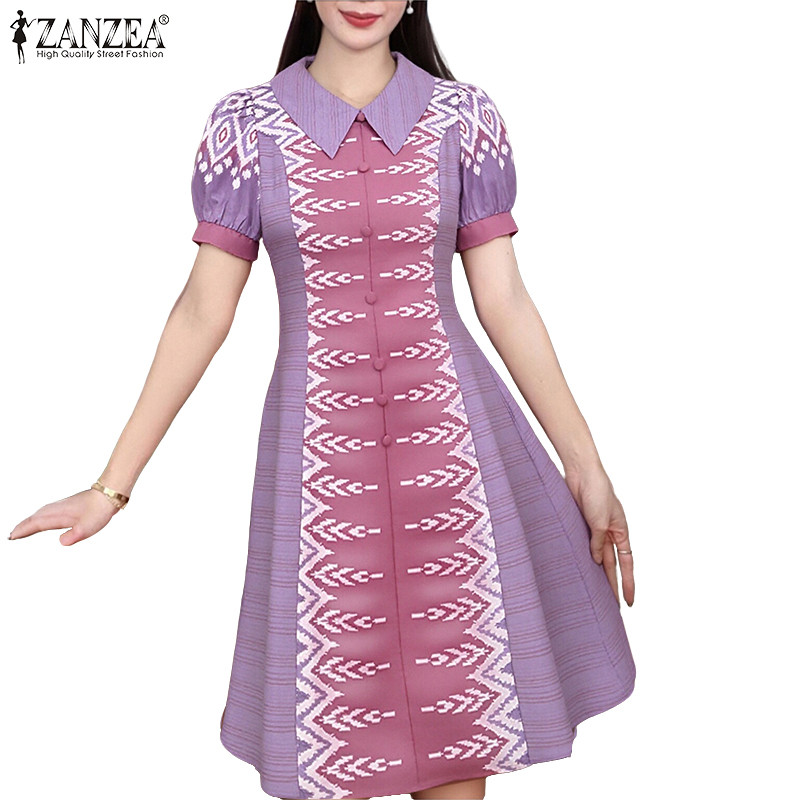 ZANZEA ผู้หญิงเกาหลี Elegant Party ปกพัฟแขนเรขาคณิตพิมพ์ปุ่มตกแต่ง A-Line Dresses