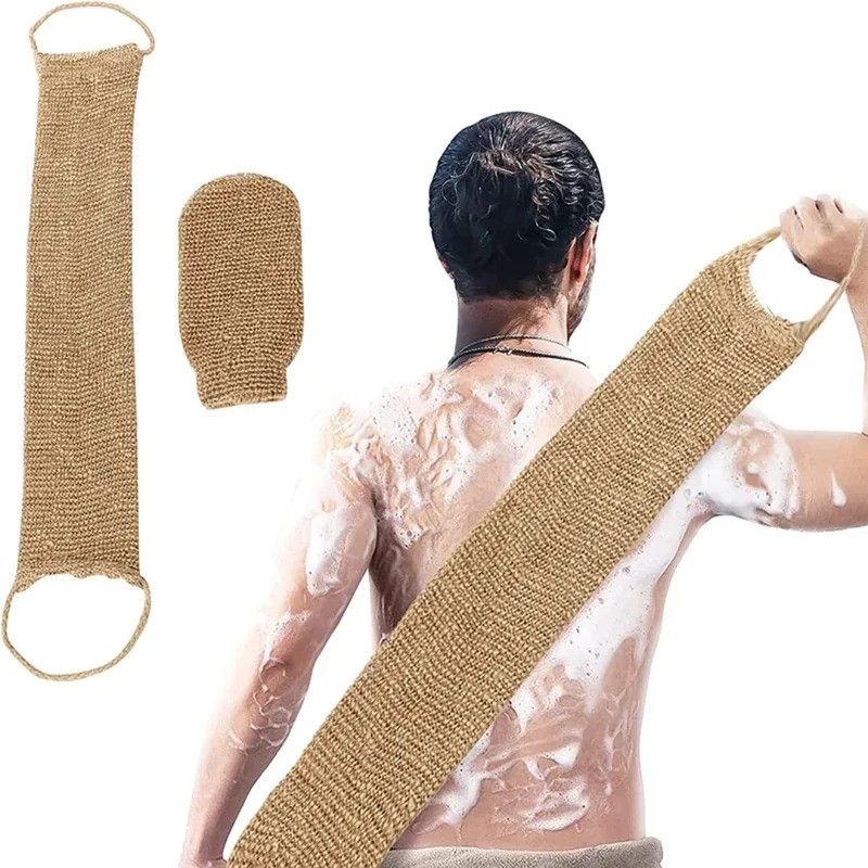 Hemp Back Scrubber ผ้าขนหนู Jute Exfoliating Loofah สายคล้องคอถุงมืออาบน้ําชุดทําความสะอาดร่างกายสํา