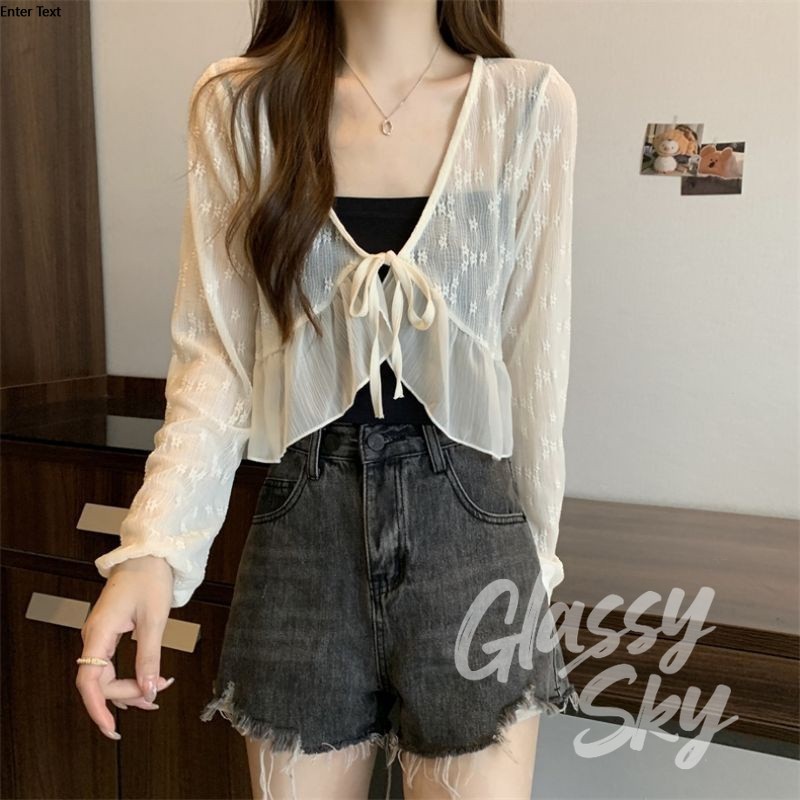 Glassy Sky 💖พร้อมส่ง💖 (95141) -Cเสื้อคลุมถักไหมพรม แขนยาว ผ้าซีทรูลวดลายลูกไม้เบาบาง - รูปที่ 5