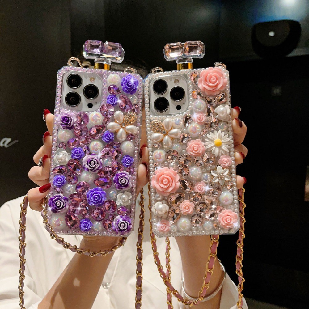 ขวดน้ําหอม Rhinestone สําหรับ IPhone 17 Pro Max IP 14 15 16 Promax 12 13 Pro Max พร้อมเชือกเส้นเล็ก