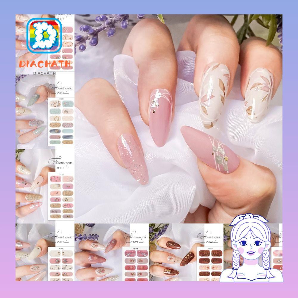 DICHATH แผ่นเจลทาเล็บ 14 แถบ French Nail Art Semi Cured Gel Nail Stickers, Removal Full Cover Glitte