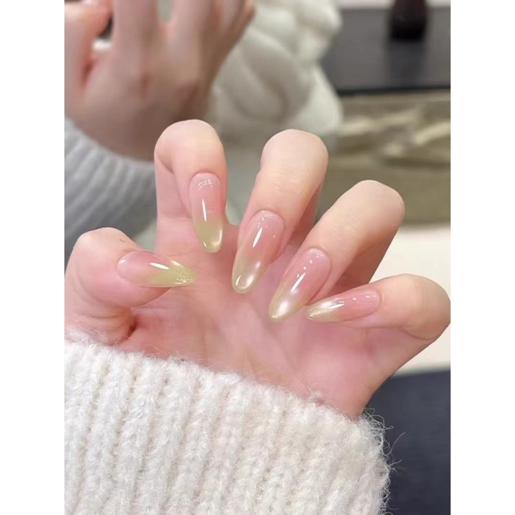 เล็บปลอมเจล เล็บเจลสำเร็จรูป Lingluo Guava Blush Gradient Cats Eye Nails Long Handmade สวมใส่เล็บที่