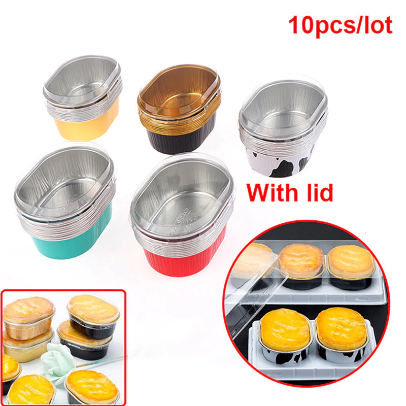 10 ชิ้นอลูมิเนียมฟอยล์เบเกอรี่ถ้วยทนความร้อนเค้กถ้วยแม่พิมพ์พร้อมฝาปิด Cupcake TH