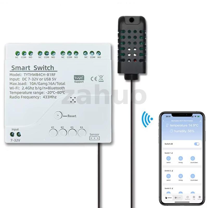 TYW0 4ch-RF Tuya สมาร์ท 4CH WiFi สมาร์ทรีเลย์สวิทช์ 10A 3500W อุณหภูมิความชื้นเซนเซอร์ควบคุมเสียง Al