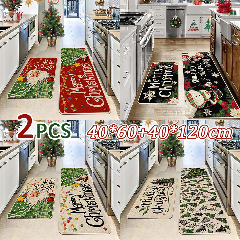 พรมห้องครัว 40*60+40*120cm พรมปูพื้นคริสต์มาส 2pcs ซับน้ำได้ดี แห้งเร็ว มีจุดกันลื่นด้านล่างพรม พรมปูพื้น