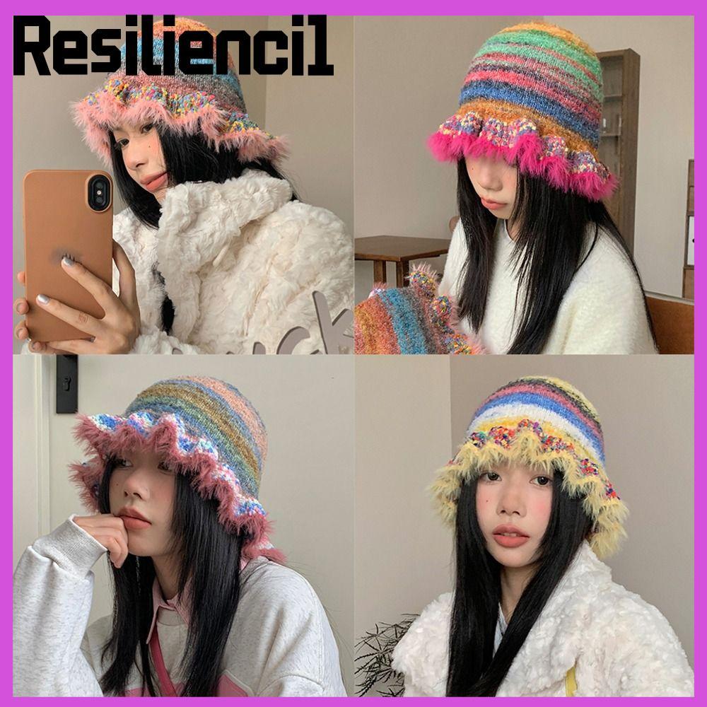 RESILIENCI1 ถัก Busket หมวก, โครเชต์ถักฤดูหนาวที่อบอุ่นนุ่มหมวกทําด้วยผ้าขนสัตว์, แฟชั่นสายรุ้งลายอ่