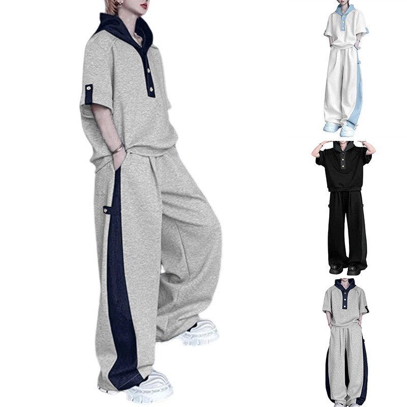 ชุดเสื้อฮู้ดครึ่งแขนสีตัดกันและกางเกงสำหรับผู้ชาย ราคา ถูกที่สุด ดีลบีเคเค แกลเลอรีภาพที่ 5