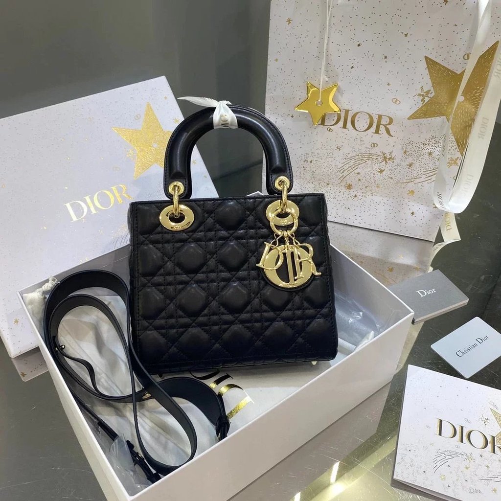 
DIOR DIOR DIOR 4 Grid Black Sheepskin Gold Buckle Silver Buckle|W