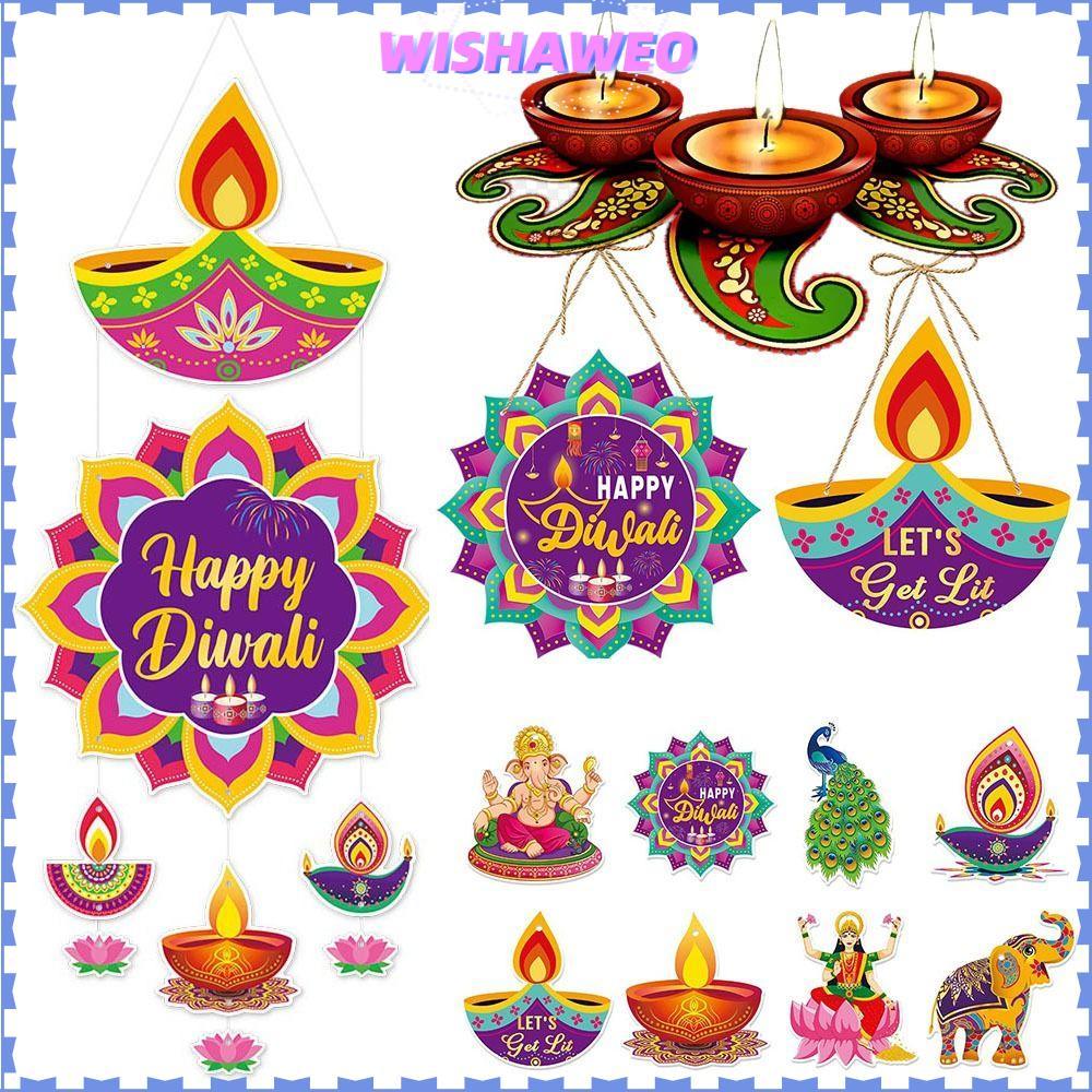 WISHAWEO Diwali จี้แขวนประตู, กระดาษ DIY Diwali แขวนเครื่องประดับ, Happy Diwali Wall ตกแต่งรายการตกแ