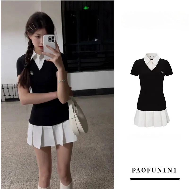 มินิเดรสชุดออกงาน pleased เดรสฤดูใบไม้ร่วงสไตล์เกาหลีกระโปรงพลีทไตล์วิทยาลัยทรงเข้ารูปกระชับเอว