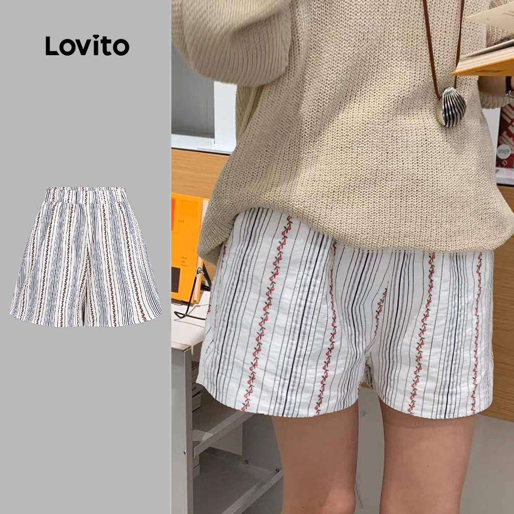 Lovito กางเกงขาสั้นแบบcasual สไตล์เท่และสบายน่ารักสำหรับฤดูใบไม้ผลิ/ฤดูร้อนผู้หญิง L139AD163