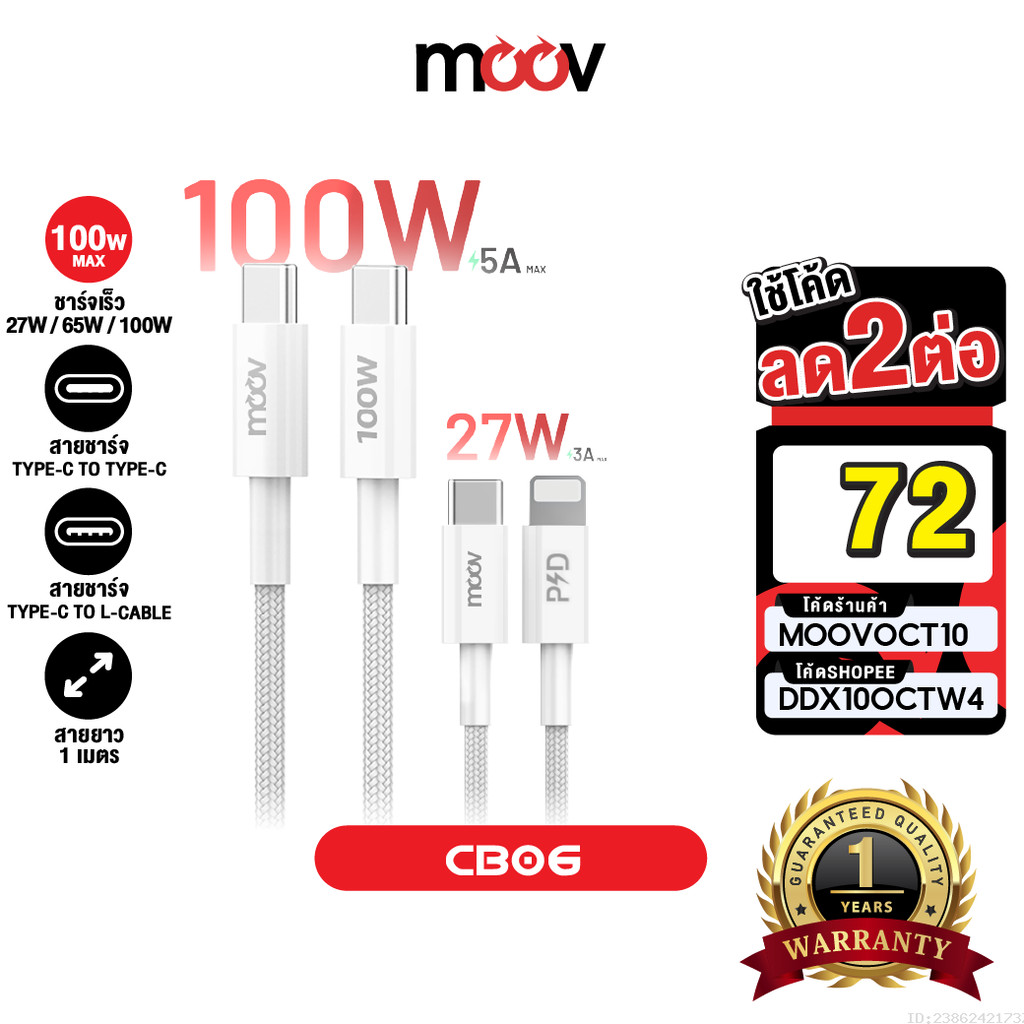 [72บ.โค้ดคุ้ม] Moov CB06 สายชาร์จเร็ว 27W - 100W Max Type C to C 5A / C to L 3A สายชาจ PD Samsung Fa