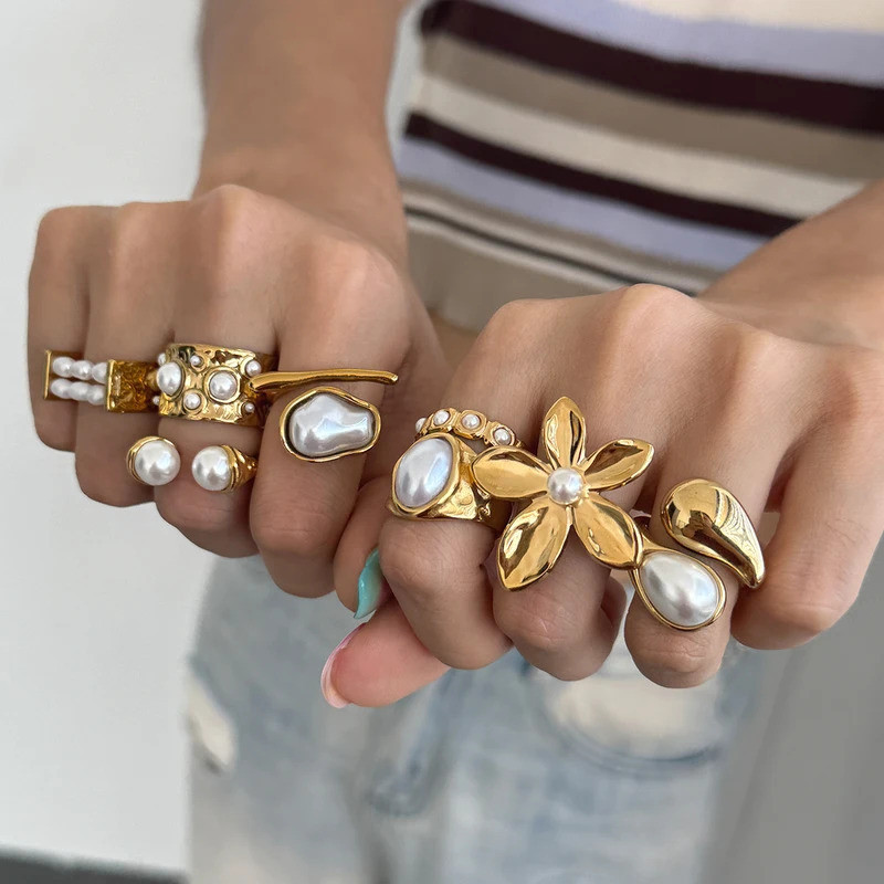 Uworld Fashion 18K Gold Color Plated Stainless Steel Pearl Flower Ring Stackable Asymmetric Ring Wom