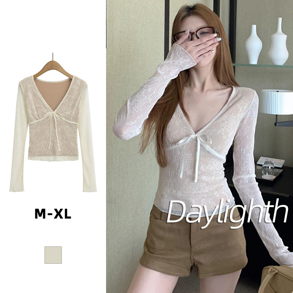 เสื้อยืดแขนยาวผูกโบว์ลูกไม้คอวีไขว้สำหรับผู้หญิง  DL