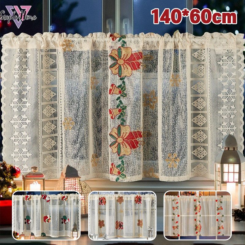 พร้อมส่ง ผ้าม่านสั้น รูปแบบคริสต์มาส 140x60 ซม วัสดุผ้ากอซ ตกแต่งครัวหน้าต่าง เครื่องประดับคริสต์มาส
