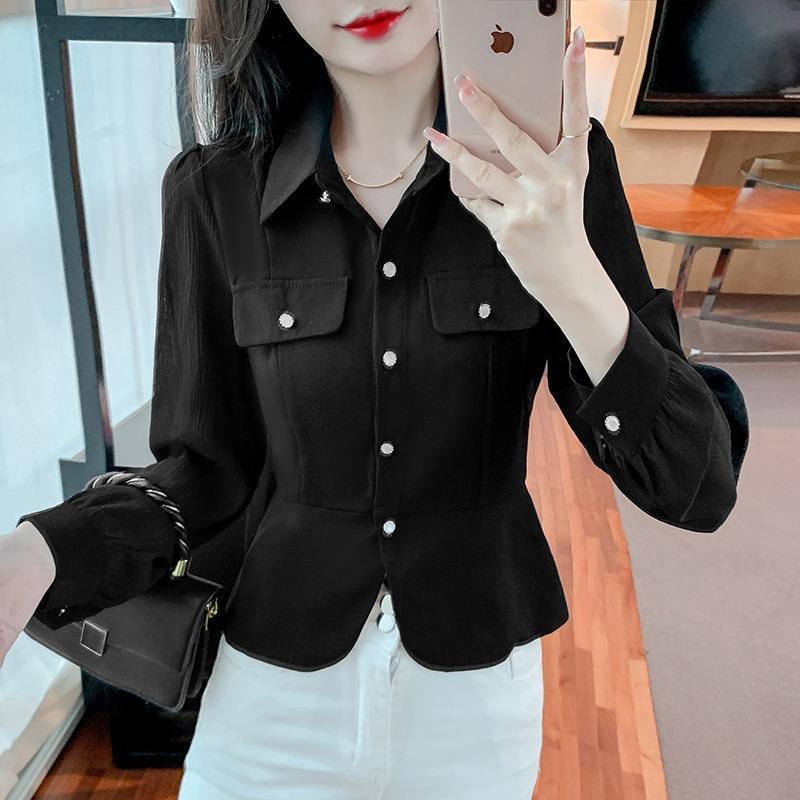 เสื้อเชิ้ตแขนยาวสีดำแบบใหม่สำหรับฤดูใบไม้ผลิ ทำจากผ้าชีฟอง สไตล์สลิมมิ่งสำหรับสตรี