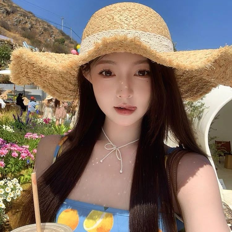 草帽女夏大海阳帽遮阳防晒猫帽饰遮阳帽子遮阳帽子ฟางหมวกผู้หญิงฤดูใบไม้ผลิและฤดูร้อนหมวกใหญ่ปีกครีมกันแดดหมวกริมทะเล