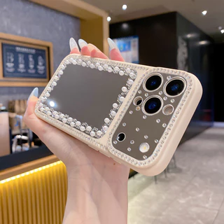 พรีเมี่ยมDrop-resistant Scratch-proof Liquid Soft Edge Glitterเพชรกระจกเคสโทรศัพท์สําหรับiPhone 11 12 13 14 15 16 17 Pro Max