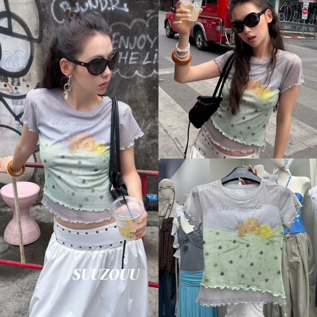 🧵🧡 🇰🇷 SU352 เสื้อซีทรูพิมพ์ลายน้องกระต่ายสุดคิวท์ 🐰 ดีเทลแขนและชายเสื้อระบาย แฟชั่นเกาหลี TAG MM Fish 🧡
