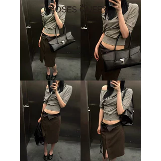 MOSESQUEEN เสื้อยืดแขนสั้นคอวีทรงจีบบุนวมสําหรับผู้หญิง - ดีไซน์สมมาตรสไตล์ Eggy เหมาะสําหรับการกระชับสัดส่วน #63941